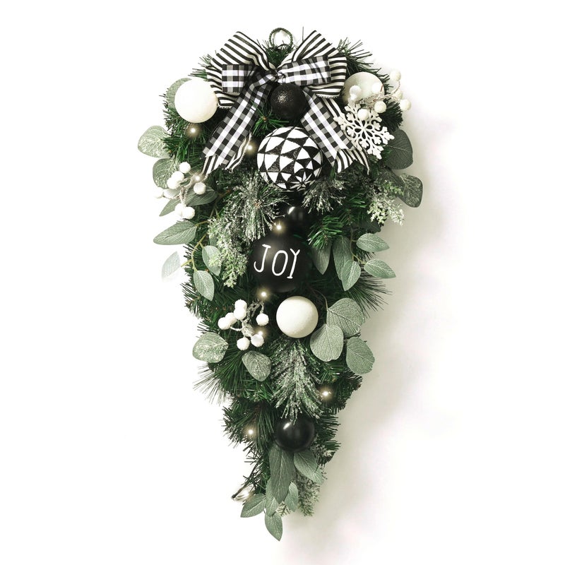 Valery Madelyn Valery Madelyn 24 Inch Mardi Gras Teardrop Swag for Decorating Outdoor Black White Mailbox Swag Decoration with 20 LED Lights Christmas Ornament for Front Door Stairway Window Shelf Home Decor