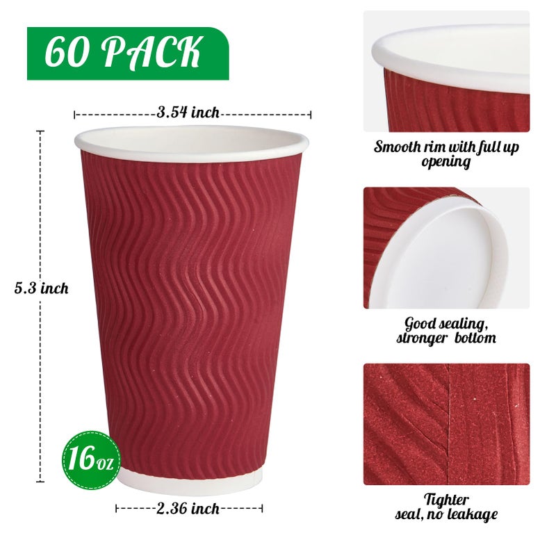 JollyPack 60 Pack 16 oz Paper Coffee Cups  Wine Red Disposable Beverage Cups with Insulated Ripple Wall for Coffee  Tea  and Hot Chocolate - Image 2