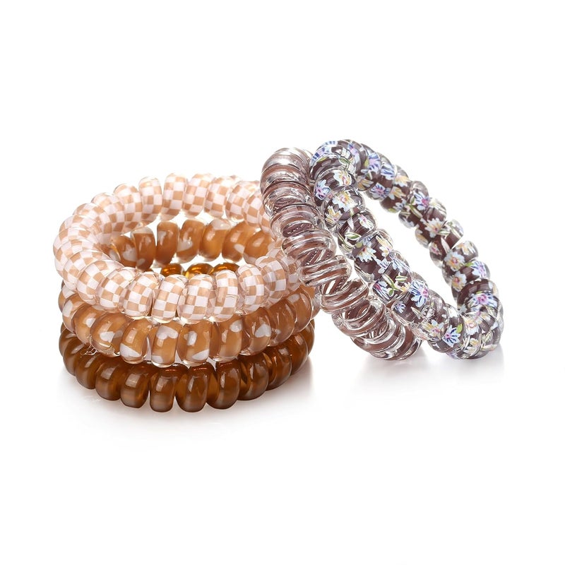 5Pcs Spiral Hair Ties No Damage Plastic Hair Ties for Thick Hair Coil Hair Ties for Women No Crease Ponytail Holders Hair Elastics Phone Cord Hair Ties Brown Set