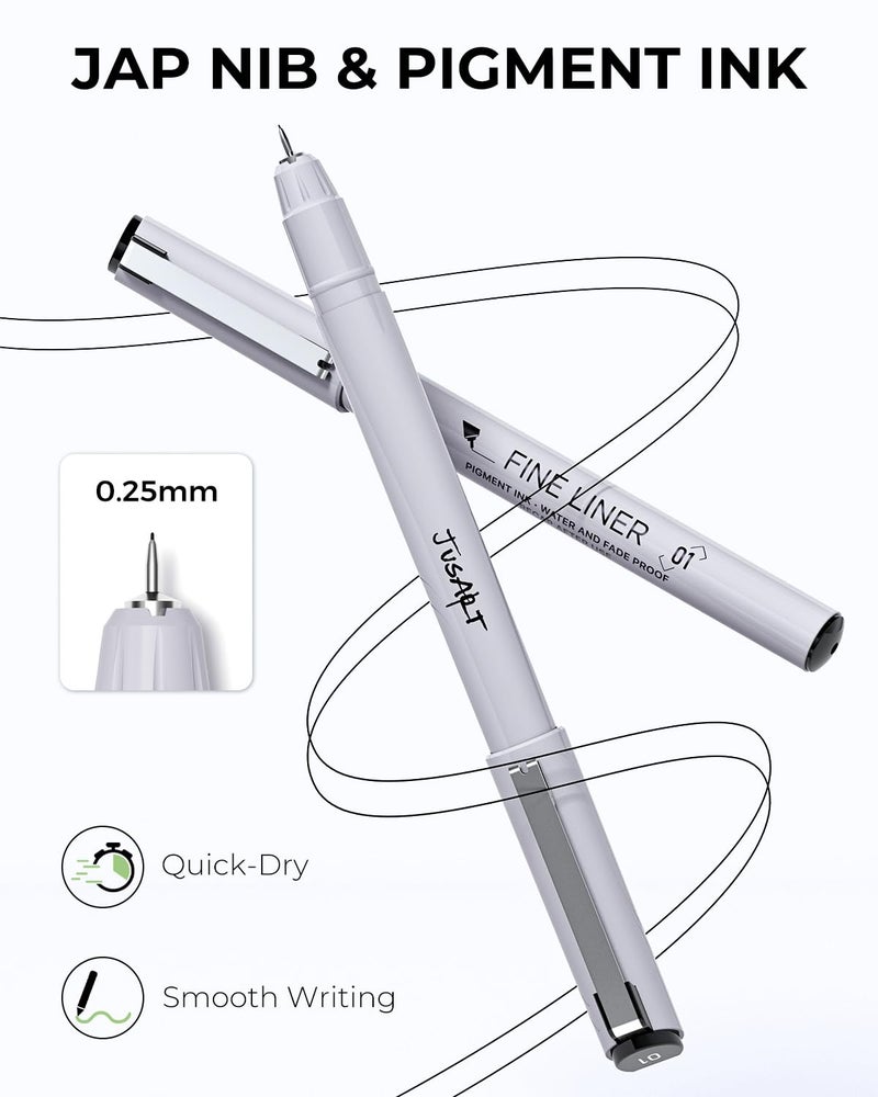 JusArt Fineliner Pens, 6 Pcs, 0.25mm Ultra Fine Point Pens 01, No Bleed, Waterproof Black Pigment Ink Pens for Artists, Beginners, Illustration, Writing, Journaling, Crafters, Technical Drawing Pens - Image 2