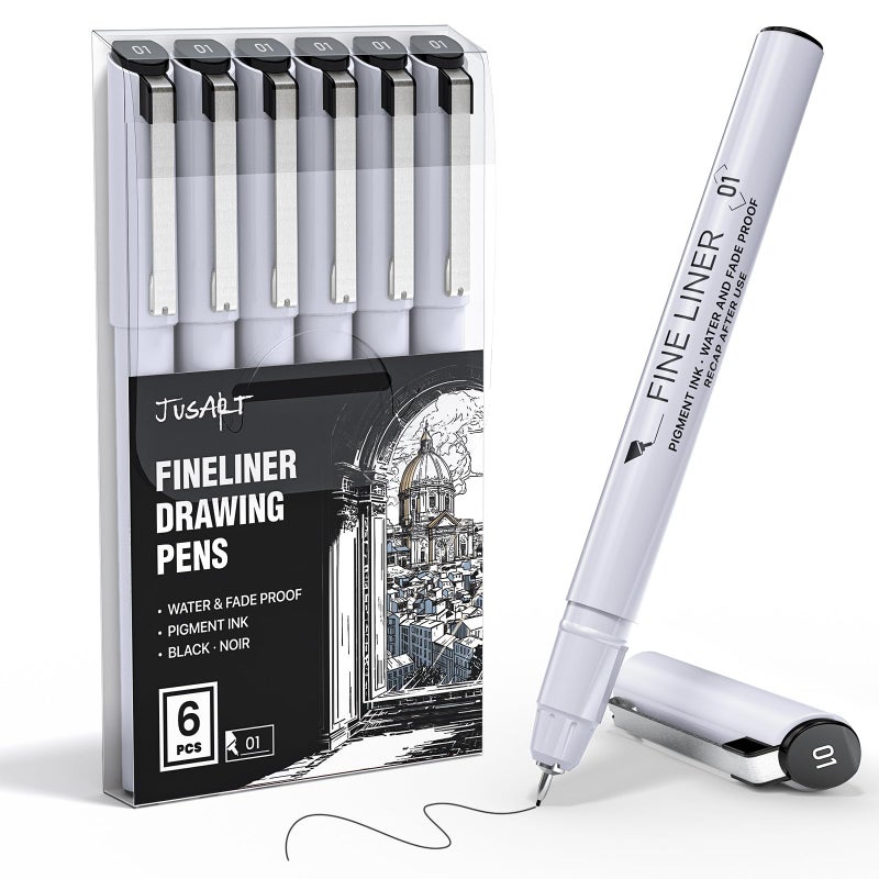 JusArt Fineliner Pens, 6 Pcs, 0.25mm Ultra Fine Point Pens 01, No Bleed, Waterproof Black Pigment Ink Pens for Artists, Beginners, Illustration, Writing, Journaling, Crafters, Technical Drawing Pens - Image 1