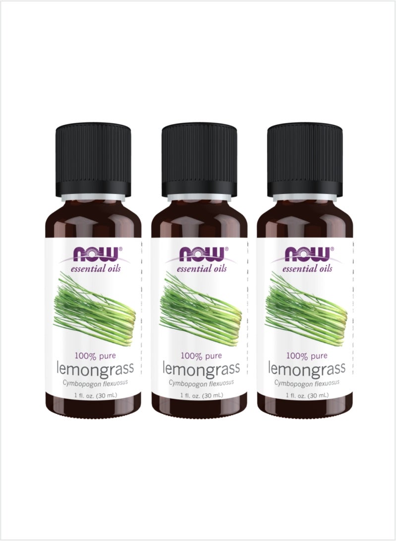 NOW 100% Pure Lemongrass Essential Oil - Invigorating Herbal Aroma, 30ml (Pack of 3)