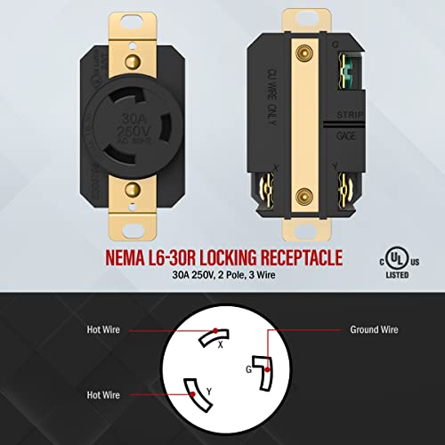 ENERLITES NEMA L6-30R Flush Mounting Locking Receptacle for Generator, Twist Lock Outlet, 30 Amp, 250 Volt, 2 Pole, 3 Wire Grounding, Industrial Grade Heavy Duty, UL Listed, 66460-BK, Black - Image 2
