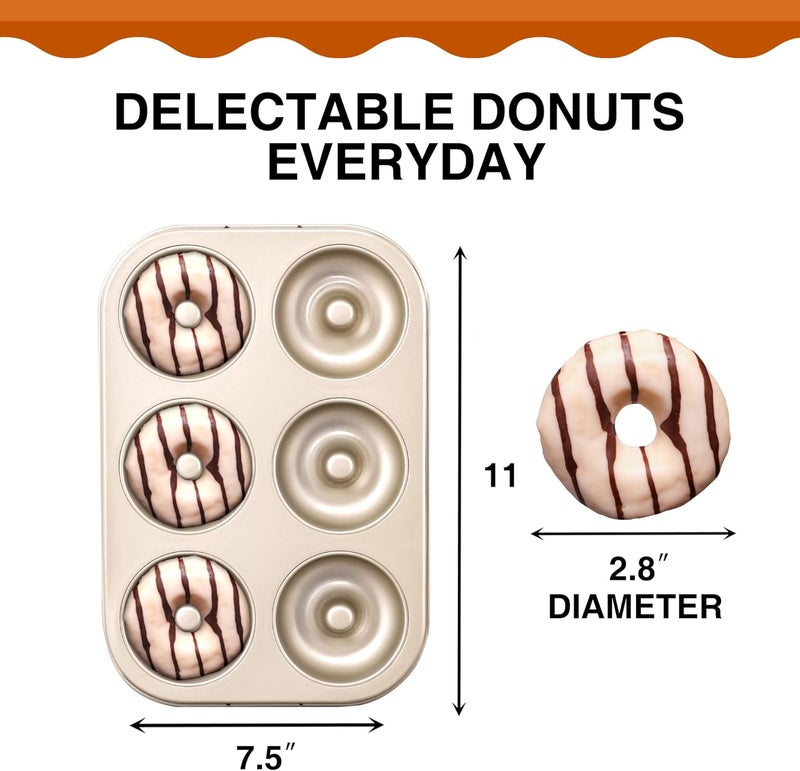 HONGBAKE Nonstick Donut Pans For Baking, 2-Pack 6 Cavity Upgraded Deepened Doughnut Tray, Heavy Duty Mini Bagel Mold for Oven - Bronze Gold - Image 2
