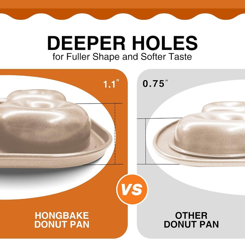 HONGBAKE Nonstick Donut Pans For Baking, 2-Pack 6 Cavity Upgraded Deepened Doughnut Tray, Heavy Duty Mini Bagel Mold for Oven - Bronze Gold - Image 3
