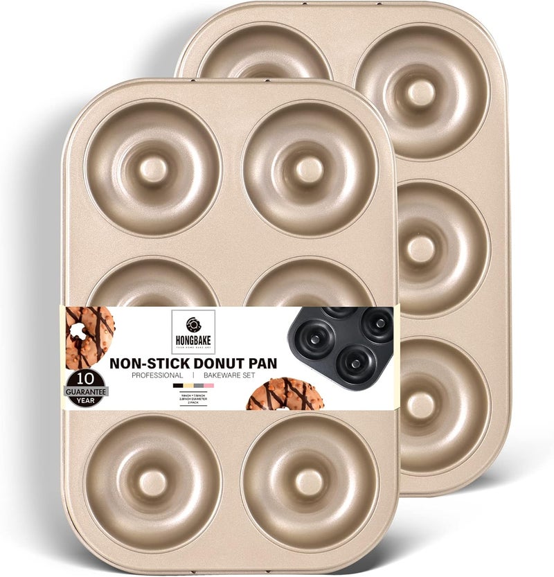 HONGBAKE Nonstick Donut Pans For Baking, 2-Pack 6 Cavity Upgraded Deepened Doughnut Tray, Heavy Duty Mini Bagel Mold for Oven - Bronze Gold - Image 1