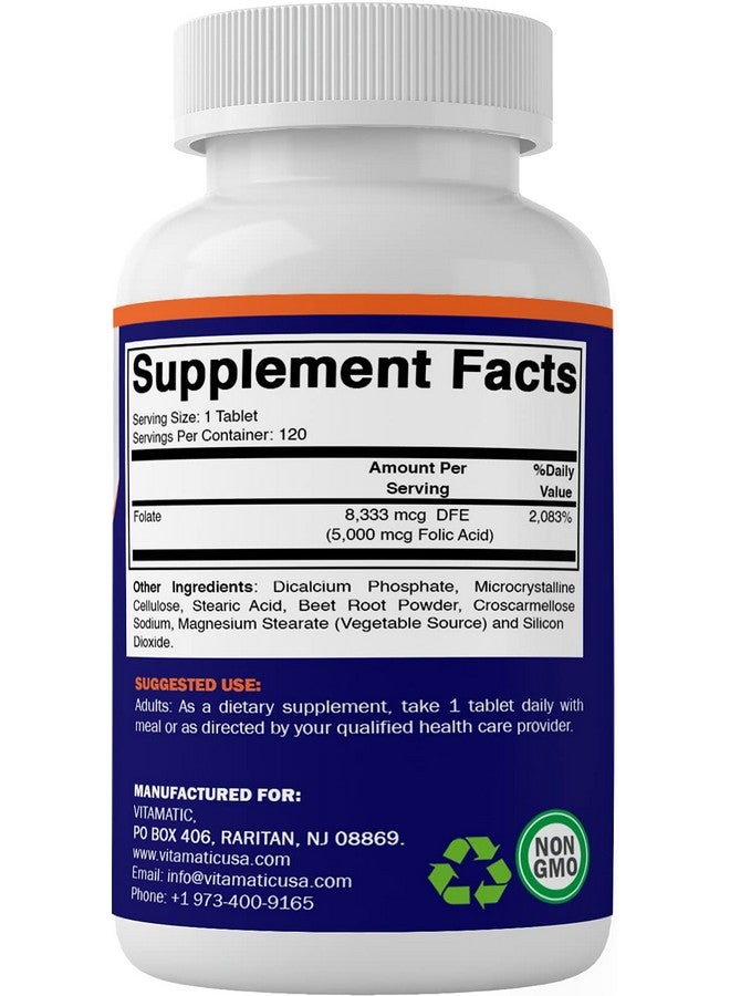 Folic Acid 5Mg (5000 Mcg) 120 Vegetarian Tablets (Vitamin B9 Folate)