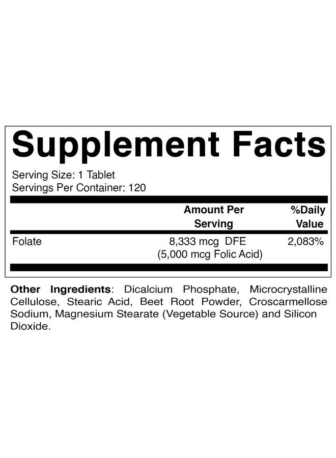 Folic Acid 5Mg (5000 Mcg) 120 Vegetarian Tablets (Vitamin B9 Folate)