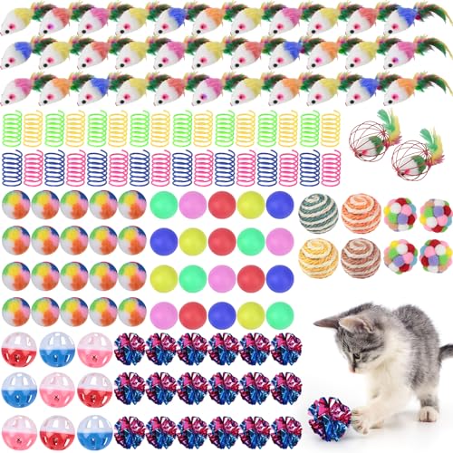 Shappy 150 Pcs Cat Toys for Indoor Cats Bulk Kitten Toys Pack Variety Interactive Gift Including Mice Rainbow Balls Spring Crinkle Balls Gift for Kitty Kitten CatClassic - Image 1