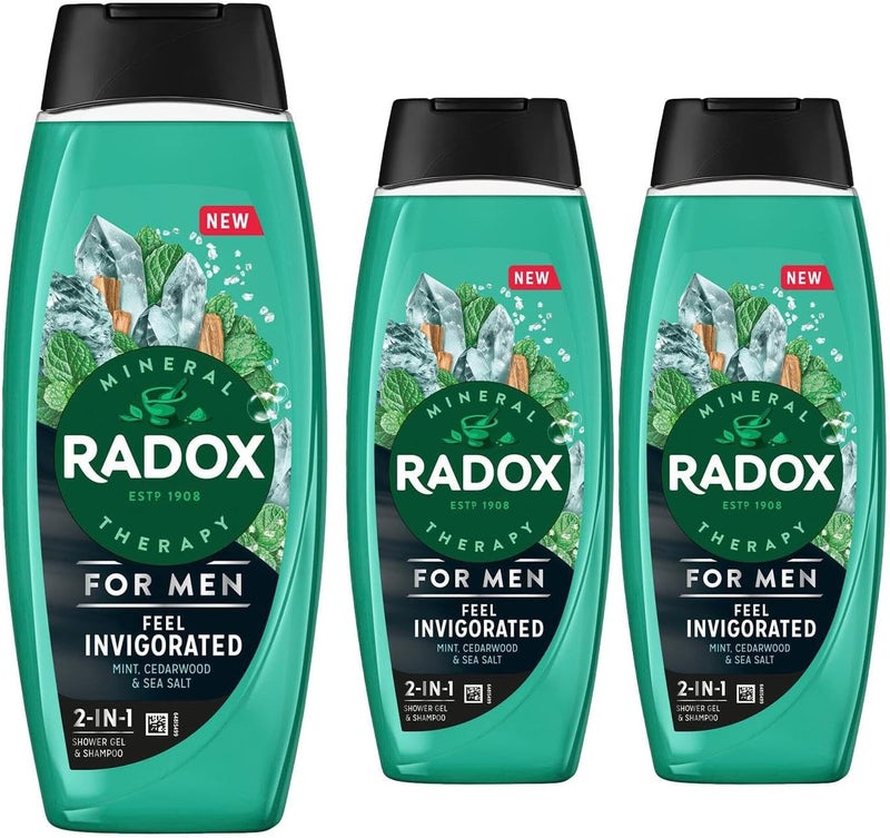 Radox Mineral Therapy 2in1 Shower Gel Shampoo Feel Invigorated Pack of 3 Mens Body Wash Enriched with Sea Salt 4 Minerals and 13 Herbs Cedarwood and Mint Scent 450 ml
