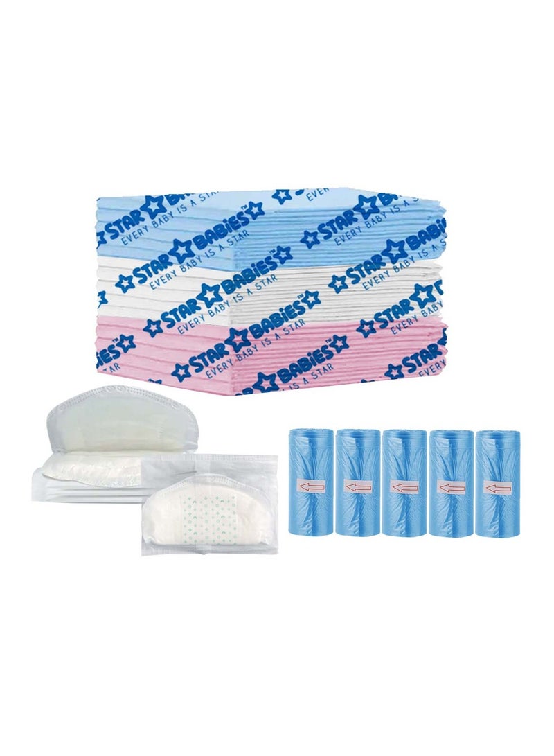 STAR BABiES Star Babies Combo Pack (Disposable Changing mat 15pcs, Scented Bag 5pcs (75bags) with  Disposable Breast Pad 5pcs) - Assorted  - Image 1