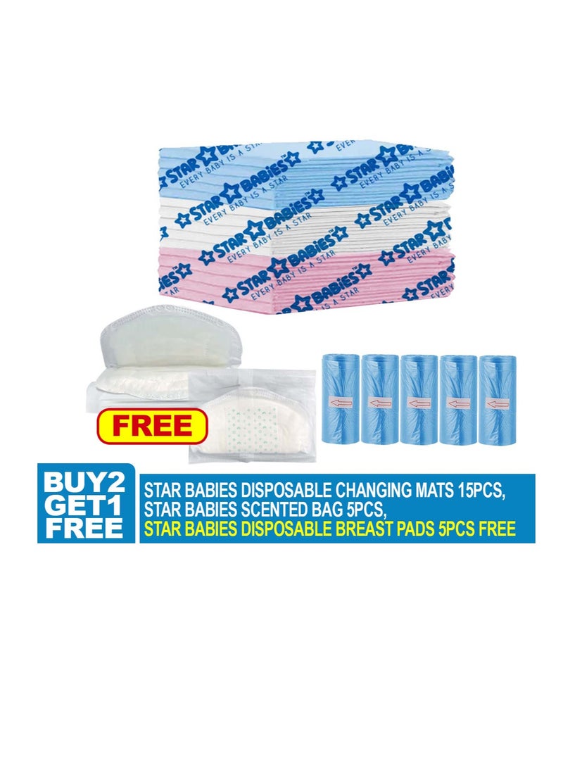 STAR BABiES Star Babies Combo Pack (Disposable Changing mat 15pcs, Scented Bag 5pcs (75bags) with  Disposable Breast Pad 5pcs) - Assorted  - Image 2