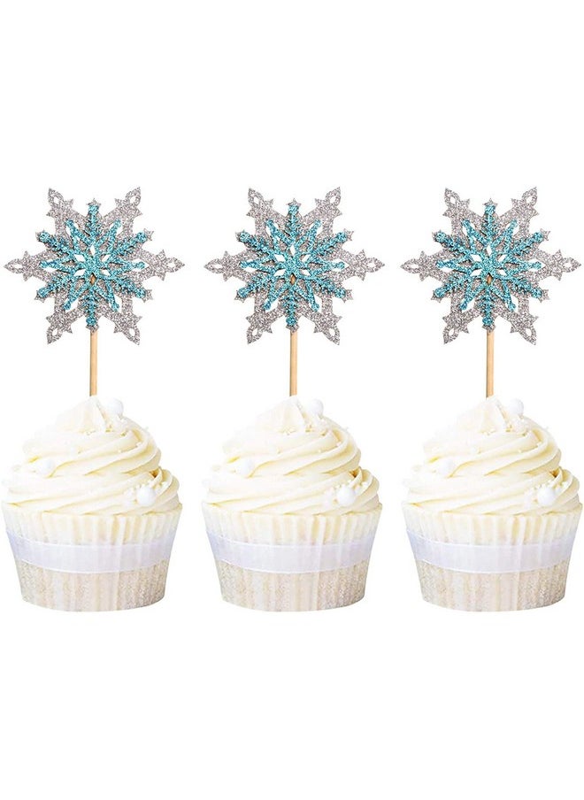 Confetti Confetti! 24 Pack Frozen Snowflake Cupcake Toppers Double Layers Silver and Blue Winter Theme Cupcake Picks Baby Shower Kids Birthday Party Christmas Cake Decorations Supplies  - Image 3