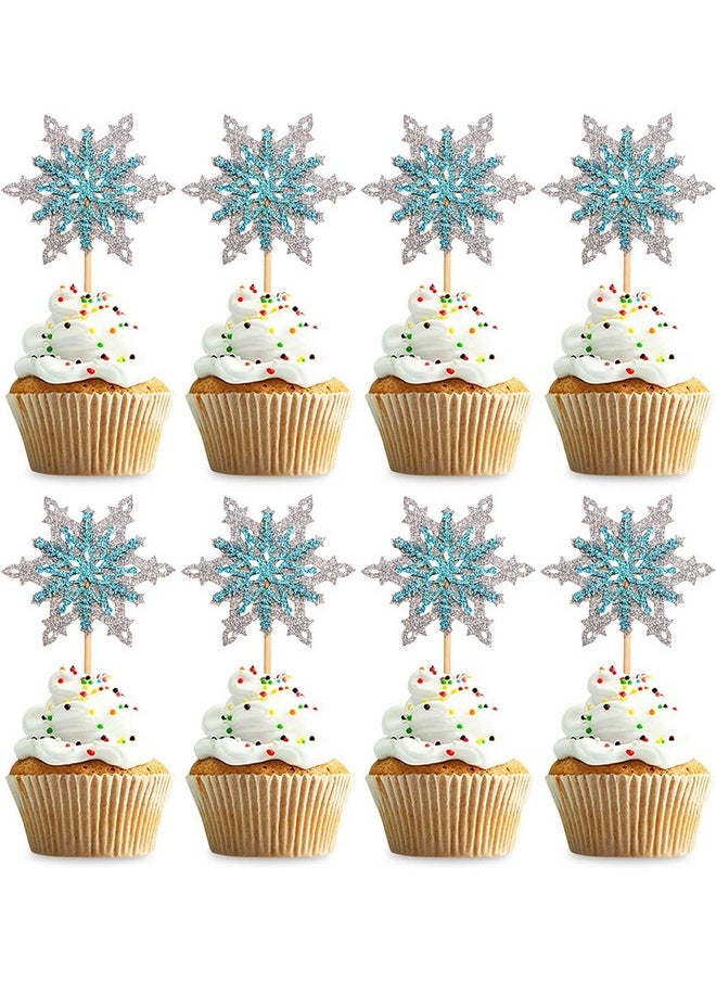 Confetti Confetti! 24 Pack Frozen Snowflake Cupcake Toppers Double Layers Silver and Blue Winter Theme Cupcake Picks Baby Shower Kids Birthday Party Christmas Cake Decorations Supplies  - Image 1