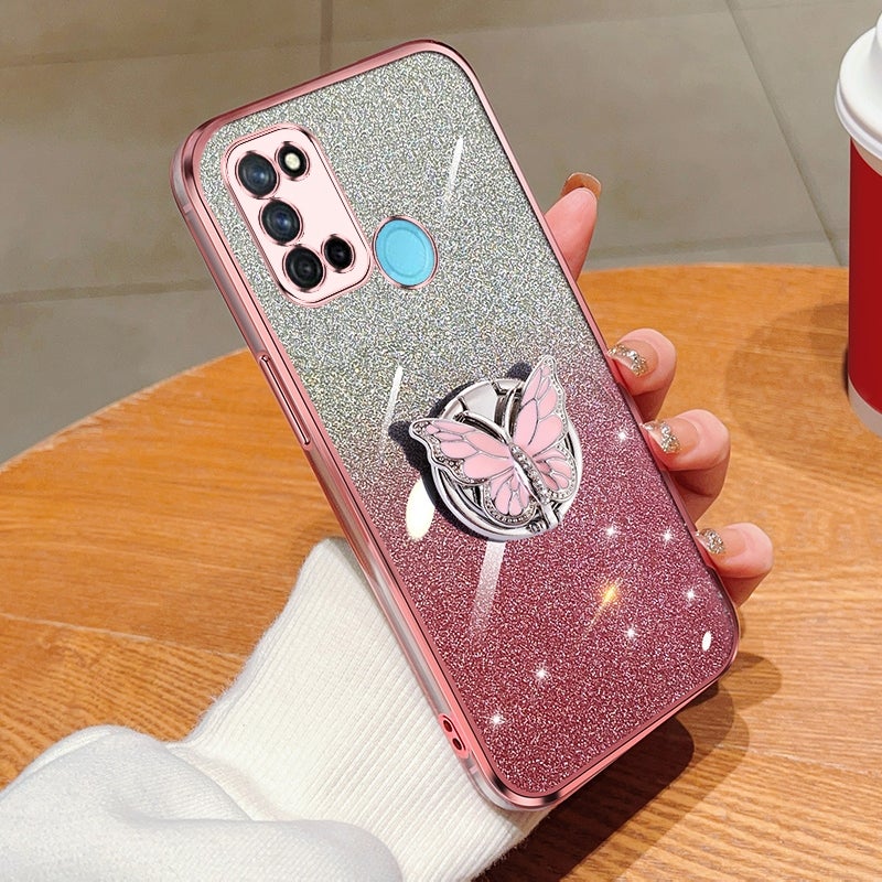 HuHa Case Cover For Realme 7i / C17 Plated Gradient Glitter Butterfly Holder TPU Phone Case(Pink) - Image 1