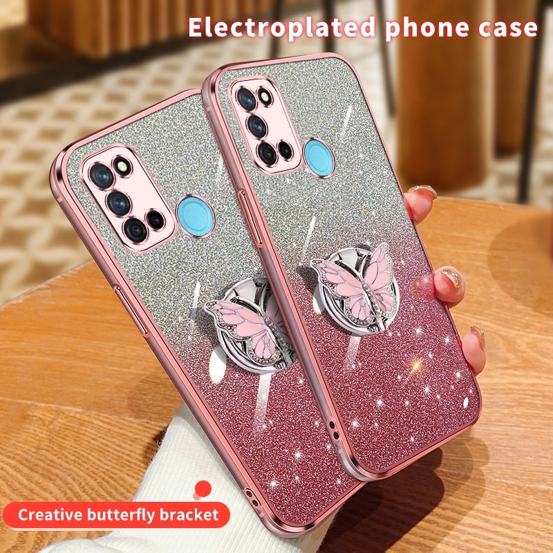 HuHa Case Cover For Realme 7i / C17 Plated Gradient Glitter Butterfly Holder TPU Phone Case(Pink) - Image 3