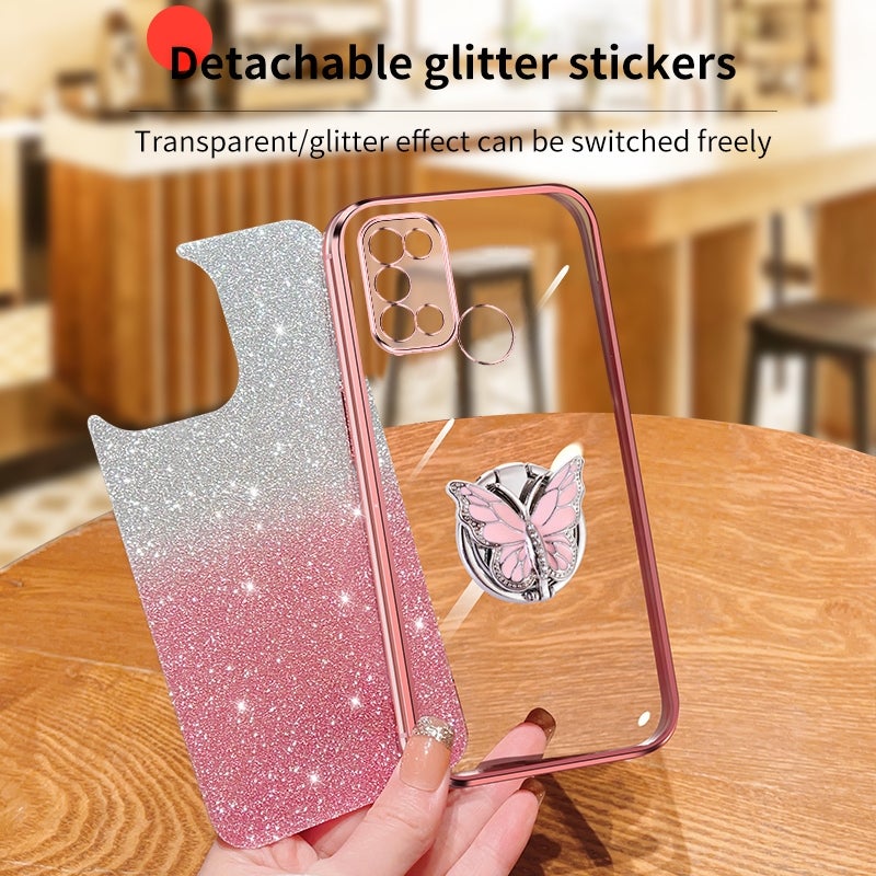 HuHa Case Cover For Realme 7i / C17 Plated Gradient Glitter Butterfly Holder TPU Phone Case(Pink) - Image 4