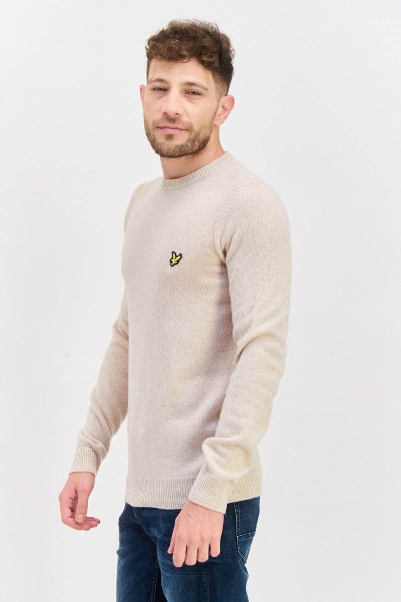 Lyle & Scott Men Crew Neck Patch Logo Sweaters, Oatmeal Heather - Image 4