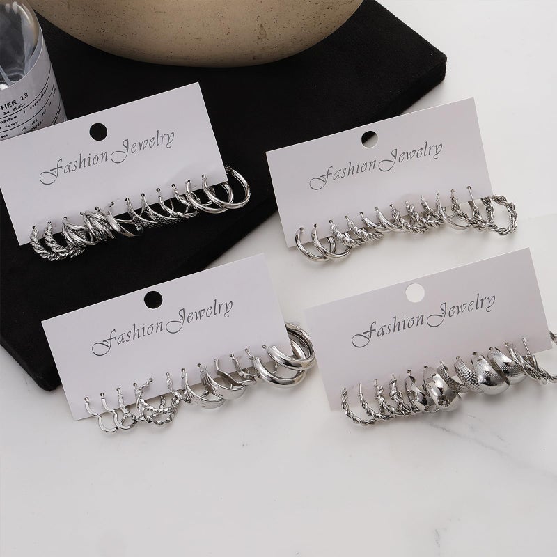 IFKM 24 Pairs Silver Hoop Earrings Set For Women Hypoallergenic Chunky Chain Twisted Open Hoops Dangle Earring Packs For Birthday Christmas Party Fashion Gift - Image 5