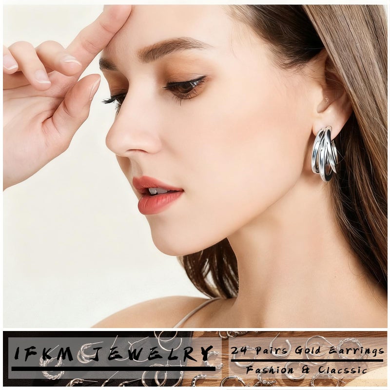 IFKM 24 Pairs Silver Hoop Earrings Set For Women Hypoallergenic Chunky Chain Twisted Open Hoops Dangle Earring Packs For Birthday Christmas Party Fashion Gift - Image 2
