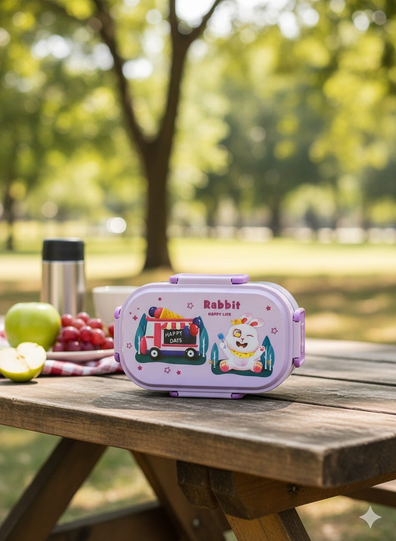 Toshionics Stainless Steel Lunch Box – 1.2L – with 2 Compartments, Spoon, Microwave Safe, Leakproof Lid, BPA Free, Dishwasher & Freezer Safe – Kids Cartoon Rabbit Happy Life Theme – Ideal for School, Daycare, Travel – 20 x 12 x 5 cm - Image 1