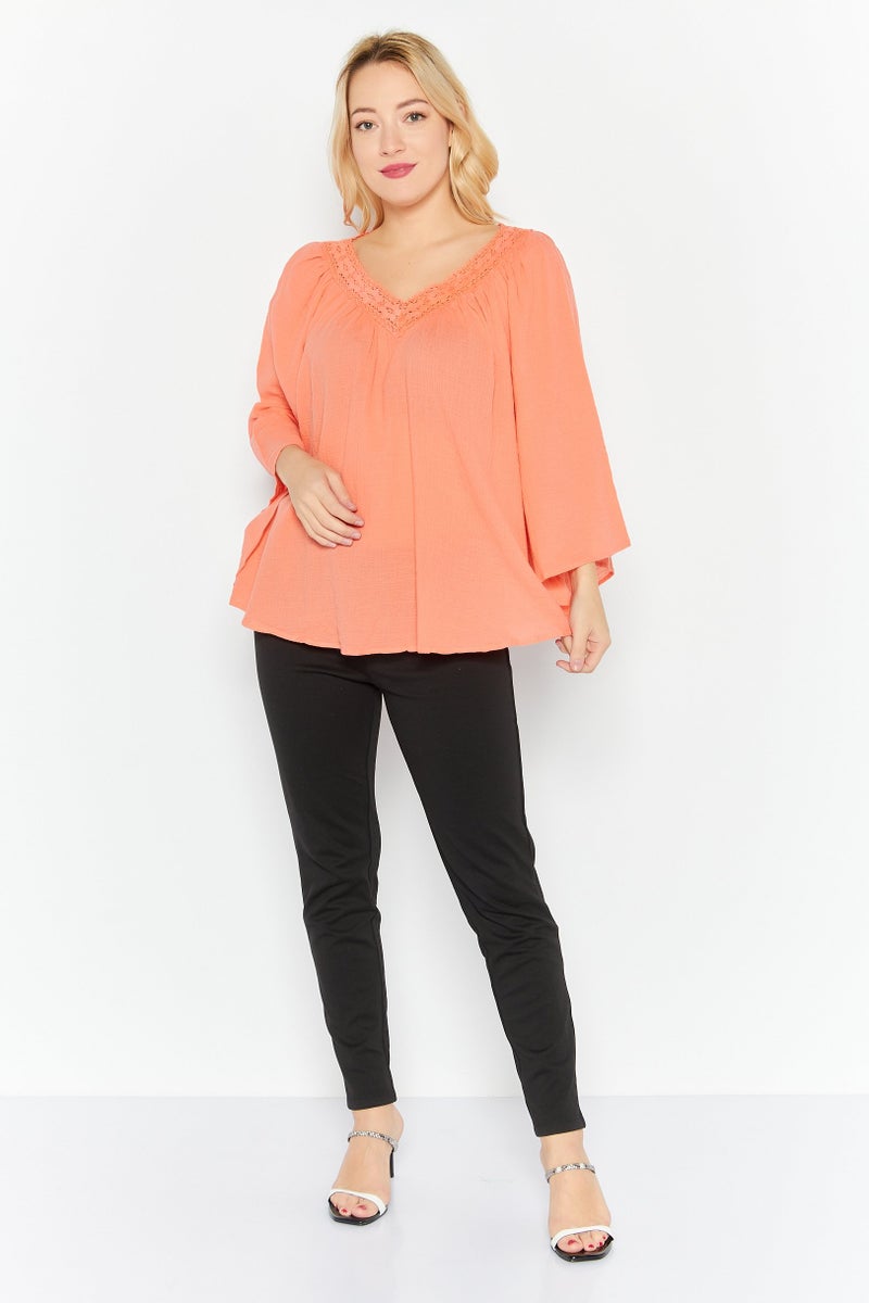 Studio by JPR Women V-Neck 3/4 Sleeves Textured Top, Peach - Image 2