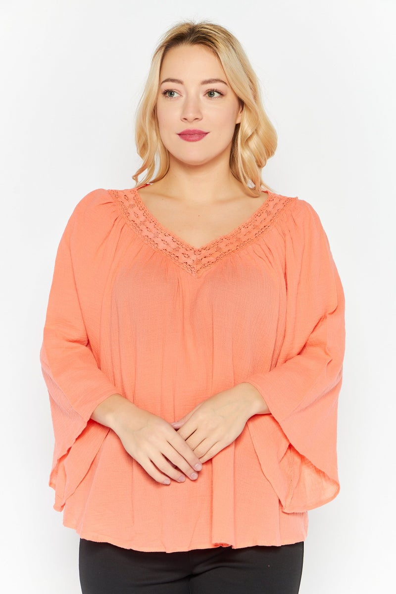 Studio by JPR Women V-Neck 3/4 Sleeves Textured Top, Peach - Image 1