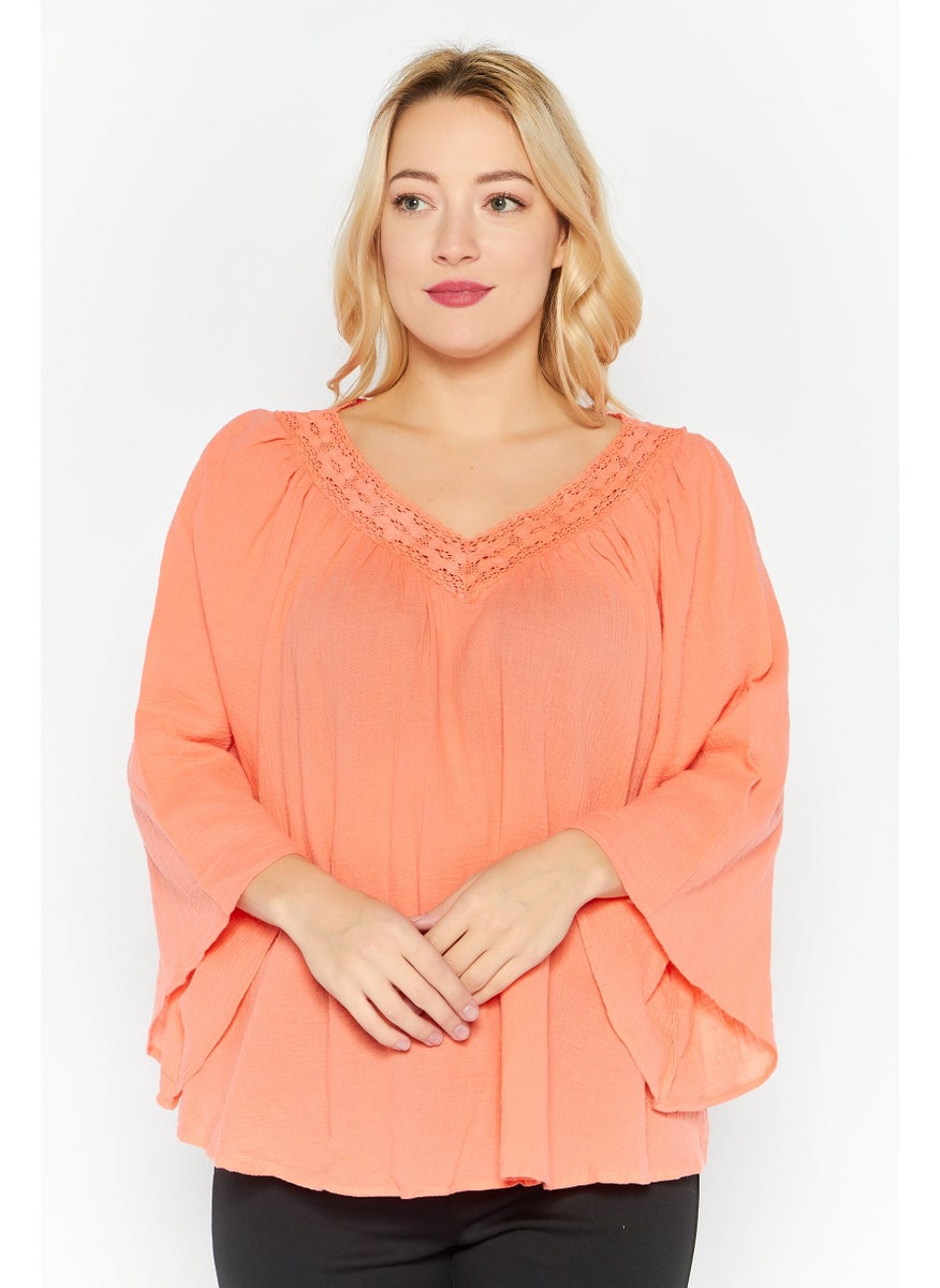 Women V-Neck 3/4 Sleeves Textured Top, Peach - pzsku/Z0628BD80C5BCDF9932AFZ/45/_/1732871669/ea5dd92c-0c45-444c-90d4-82c7bcafe528