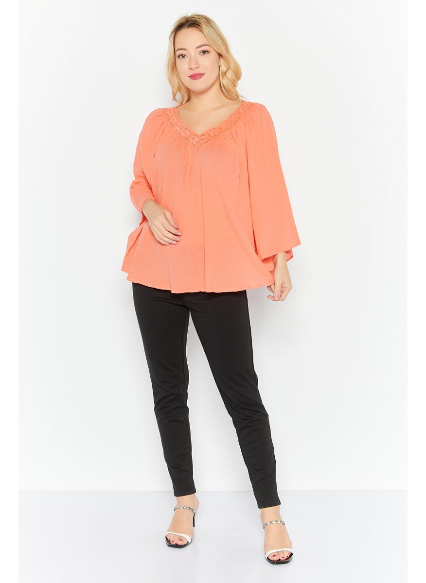 Women V-Neck 3/4 Sleeves Textured Top, Peach - pzsku/Z0628BD80C5BCDF9932AFZ/45/_/1732871673/019953a1-8dcc-4877-9ba4-e31558dad8ae