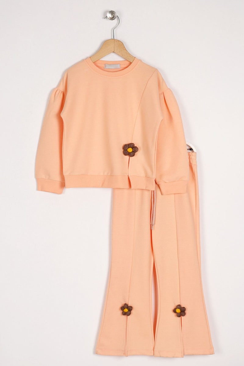 Zepkids Girls Salmon Colored Long Sleeve Tracksuit with Daisy Detail on the Slit  - Image 1