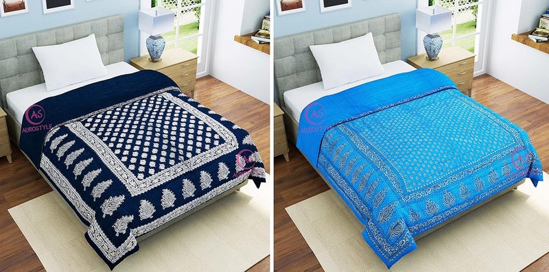 WORLDNEX 400 TC Pure Cotton Jaipuri Design Printed Light Weight Traditional Rajasthani Print Single Bed QuiltRazaiRajai Design 22 Single Bed Set of 2 Combo Set - Image 3