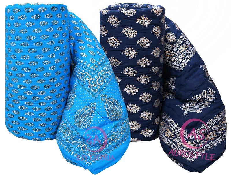 WORLDNEX 400 TC Pure Cotton Jaipuri Design Printed Light Weight Traditional Rajasthani Print Single Bed QuiltRazaiRajai Design 22 Single Bed Set of 2 Combo Set - Image 1