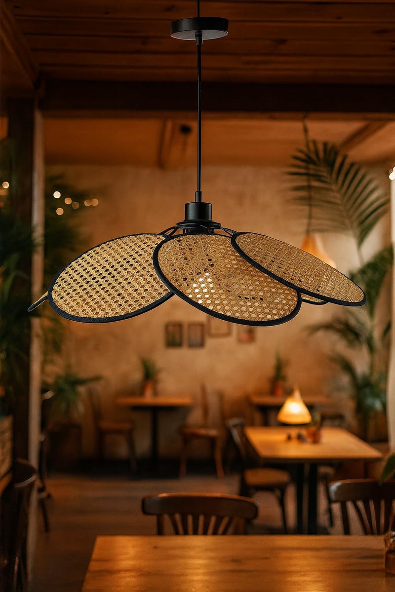 AKWAY Rattan Hanging lamp for Living Room | Bamboo Hanging Light for Bedroom | Cane Wicker Pendant lamp for Home Decoration (Bulb not Included) (Black Flower) - Image 4