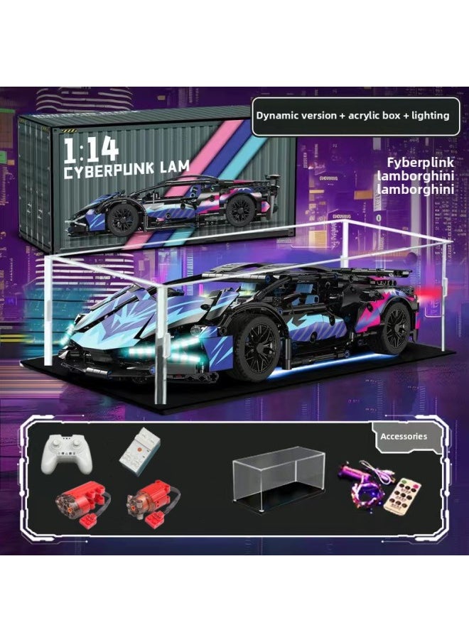 Generic - Cyberpunk Lamborgan Green Cow Building Blocks Black Samurai V12 Remote Control Car Boy Assembled Toy Car-Color:Container Version Cyber Purple Lambo + Dynamic + Lighting + Display Box - Image 1