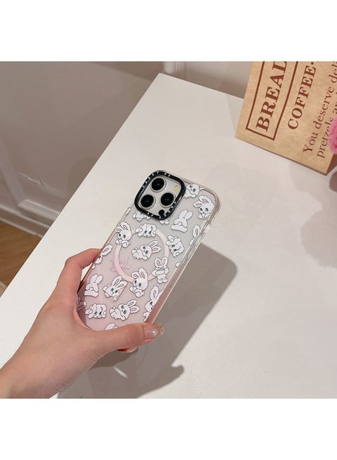 Gradient Powder Ice Crystal Magnetic Love Ribbon Rabbit For Apple IPhone15ProMax Phone Case 14/13-Colour:Playful Rabbit [magnetic Suction] Gradient Pink Ice Crystal With Side Characters-Applicable Model:iPhone15Pro