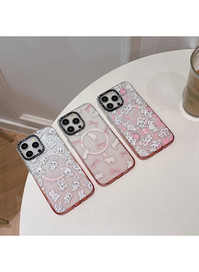 Gradient Powder Ice Crystal Magnetic Love Ribbon Rabbit For Apple IPhone15ProMax Phone Case 14/13-Colour:Playful Rabbit [magnetic Suction] Gradient Pink Ice Crystal With Side Characters-Applicable Model:iPhone15Pro