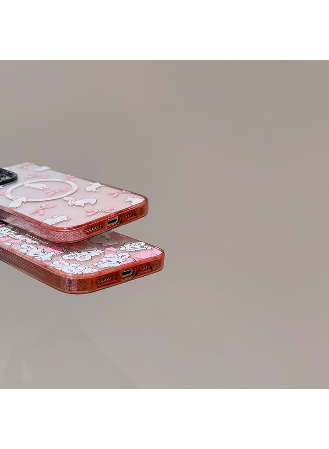 Gradient Powder Ice Crystal Magnetic Love Ribbon Rabbit For Apple IPhone15ProMax Phone Case 14/13-Colour:Playful Rabbit [magnetic Suction] Gradient Pink Ice Crystal With Side Characters-Applicable Model:iPhone15Pro