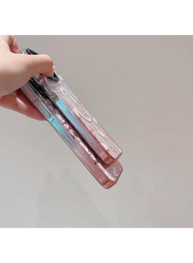 Gradient Powder Ice Crystal Magnetic Love Ribbon Rabbit For Apple IPhone15ProMax Phone Case 14/13-Colour:Playful Rabbit [magnetic Suction] Gradient Pink Ice Crystal With Side Characters-Applicable Model:iPhone15Pro