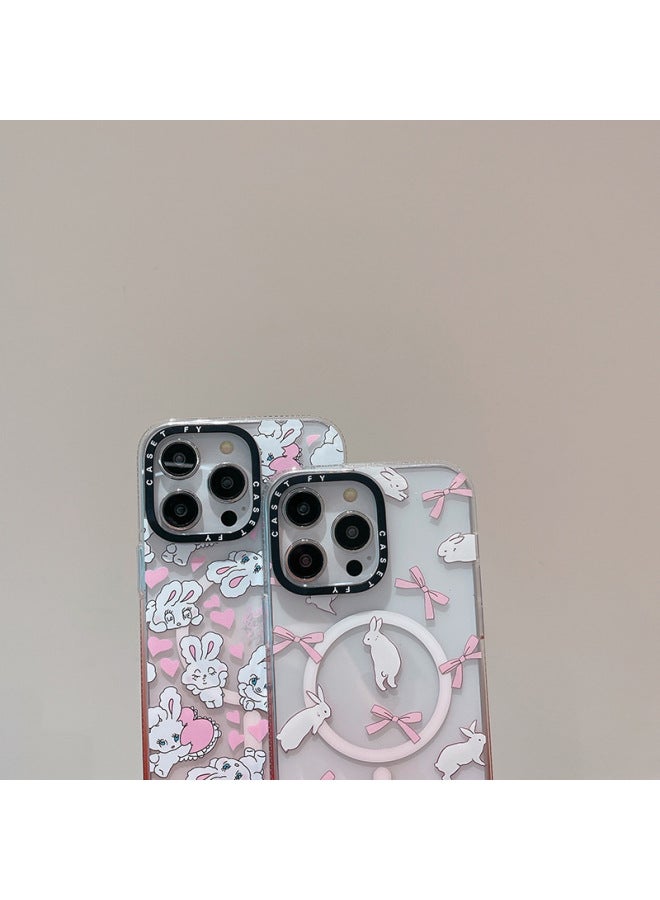 Gradient Powder Ice Crystal Magnetic Love Ribbon Rabbit For Apple IPhone15ProMax Phone Case 14/13-Colour:Playful Rabbit [magnetic Suction] Gradient Pink Ice Crystal With Side Characters-Applicable Model:iPhone15Pro