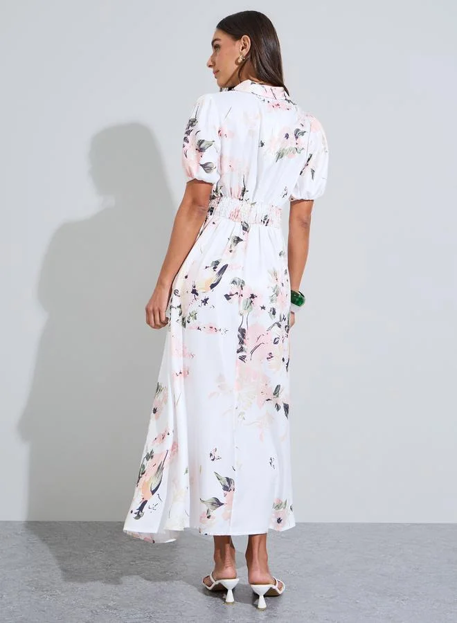 Styli  Off White Floral Print Ruched Details Short puff Sleeves Shirt Maxi Dress for Women | Best Price UAE