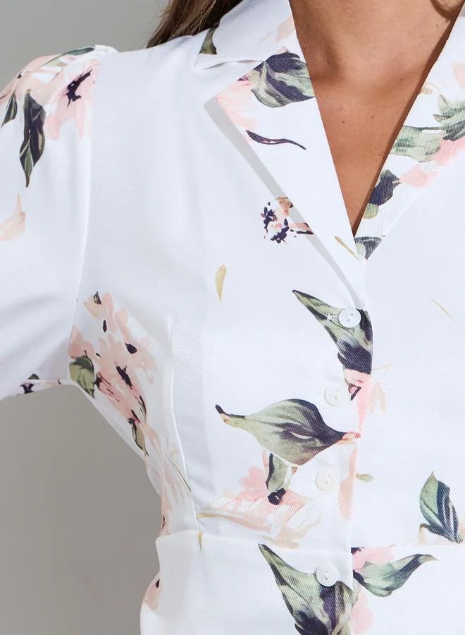 Styli  Off White Floral Print Ruched Details Short puff Sleeves Shirt Maxi Dress for Women | Best Price UAE