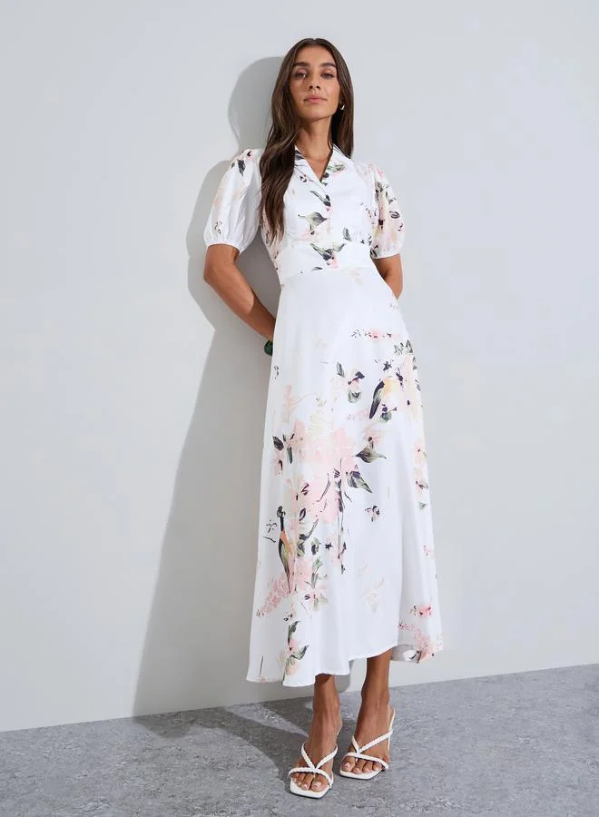 Off White Floral Print Ruched Details Short puff Sleeves Shirt Maxi Dress
