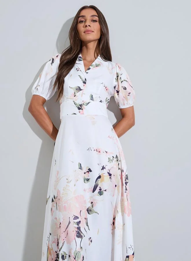 Styli  Off White Floral Print Ruched Details Short puff Sleeves Shirt Maxi Dress for Women | Best Price UAE