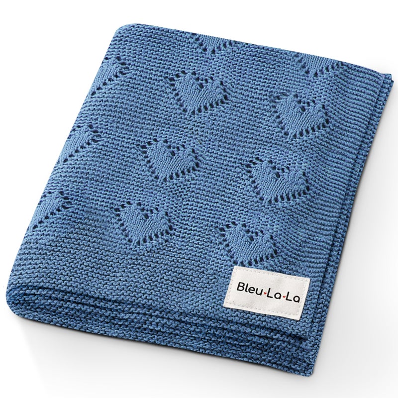 Bleu La La Cotton Heart Knit Swaddle Baby Blanket for Boys  Soft Warm Cozy Swaddling Receiving Cuddle Stroller and Crib Blanket for Newborns Infants  Toddlers Denim 02 Years