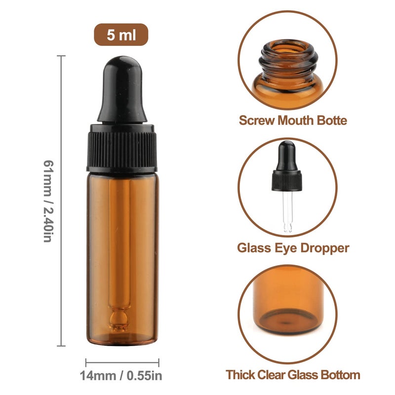 glasstore 15Pcs Amber Glass Dropping Bottles 1ml 2ml 3ml 5ml Mini Essential Oil Dropper Bottles Empty Travel Sample Vials with Black Cap (5ml) (Pack of 2) - Image 2