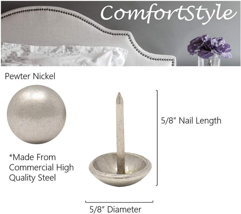 ComfortStyle Premium Upholstery Tacks, Nailhead Decorative Trim for Furniture, 5/8" Diameter, 100 Nails (Pewter Nickel) - Image 2