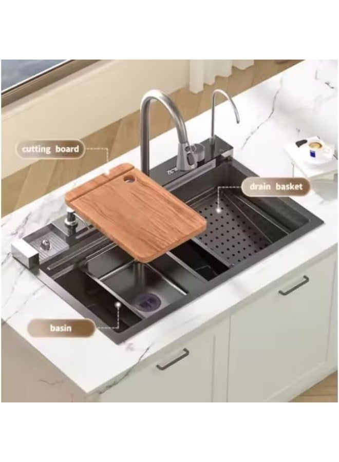 Piano System Multifunction Modern Smart Waterfall Stainless Steel 304 Black Kitchen Sink For Kitchen with LED Light (Size: 75 * 46)  - Image 5