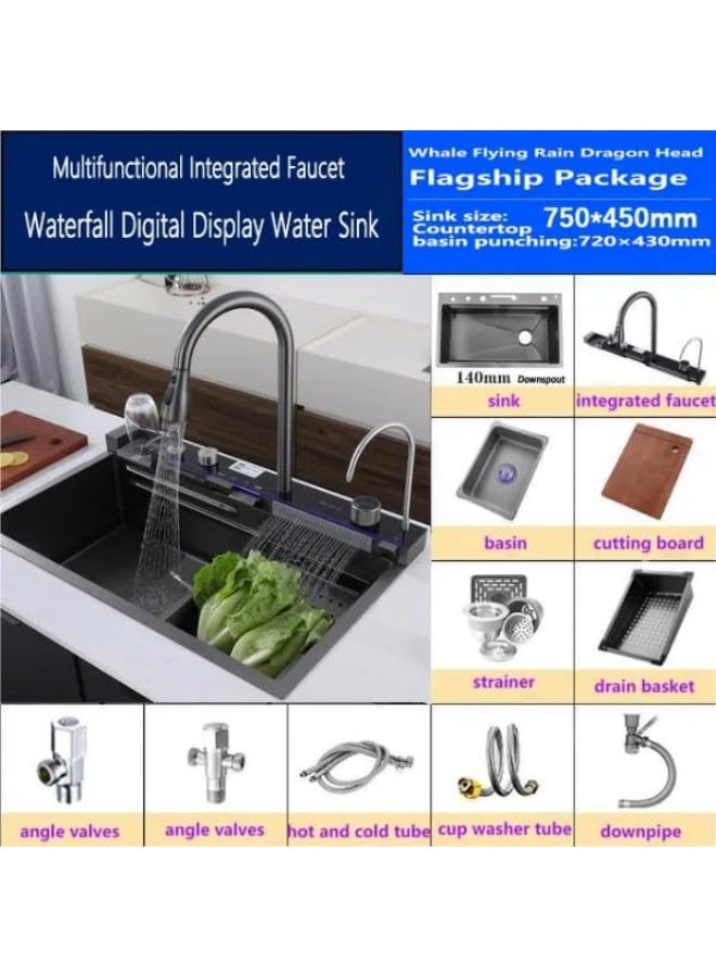 Piano System Multifunction Modern Smart Waterfall Stainless Steel 304 Black Kitchen Sink For Kitchen with LED Light (Size: 75 * 46)  - Image 3