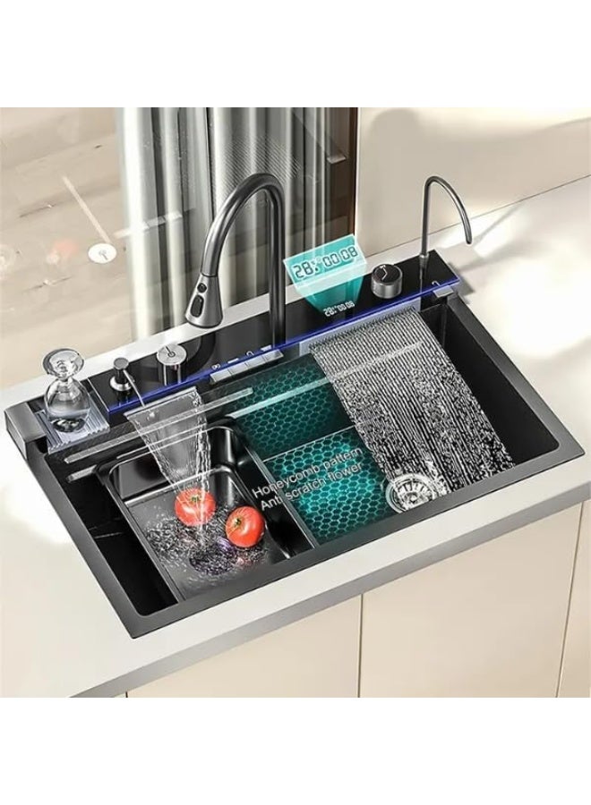 Piano System Multifunction Modern Smart Waterfall Stainless Steel 304 Black Kitchen Sink For Kitchen with LED Light (Size: 75 * 46)  - Image 2