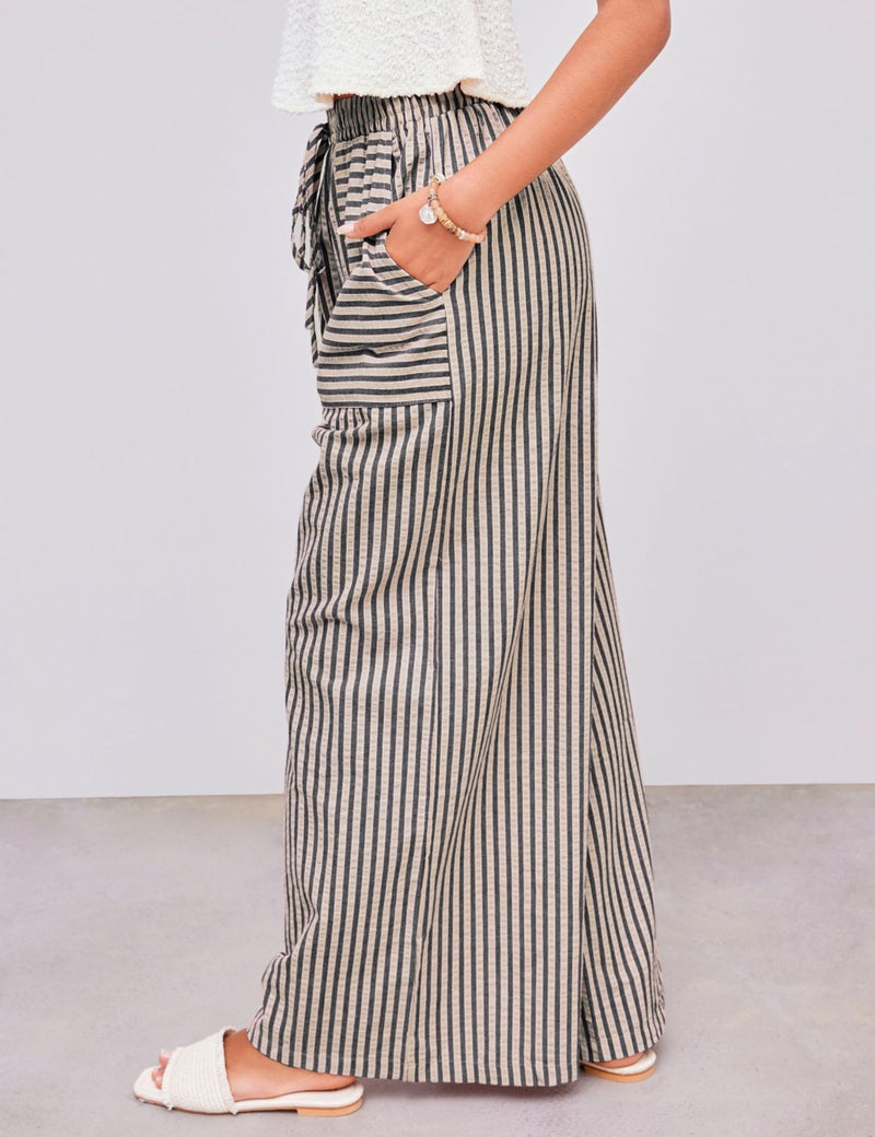 Yeokou Women's Wide Leg Pants Drawstring Striped Cotton Mid Rise Casual Long Palazzo Trousers with Pockets(Black-M) - Image 3